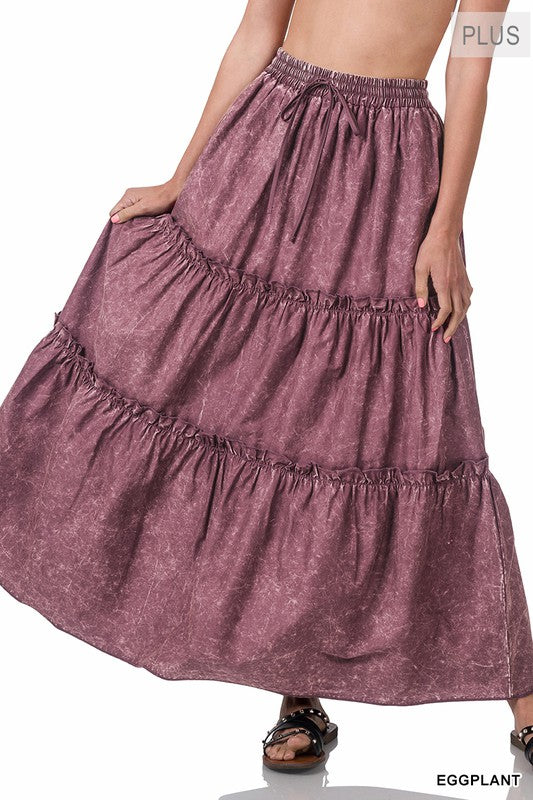 VINTAGE WASH TIERED RUFFLE MAXI SKIRT