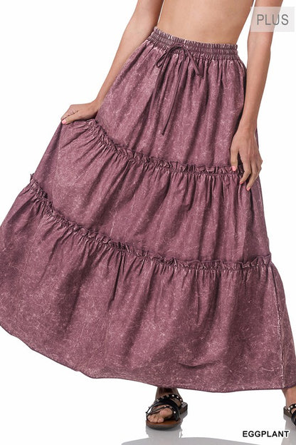 VINTAGE WASH TIERED RUFFLE MAXI SKIRT