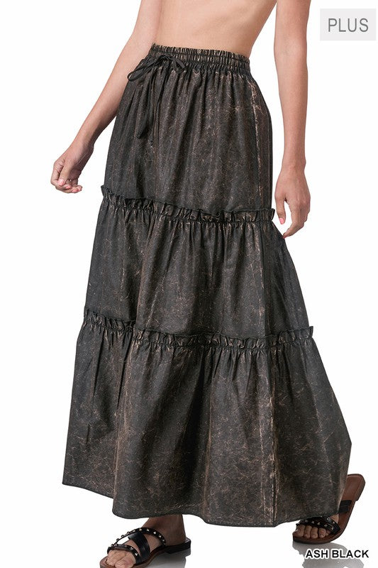 VINTAGE WASH TIERED RUFFLE MAXI SKIRT