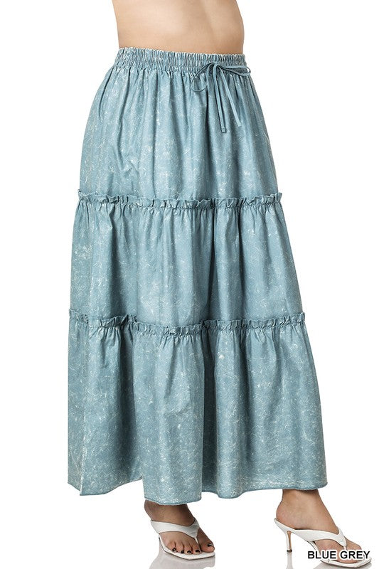 VINTAGE WASH TIERED RUFFLE MAXI SKIRT