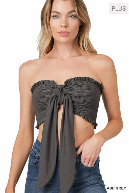 PLUS SIZE PLUS  SMOCKED TIE FRONT TUBE TOP-Misc.