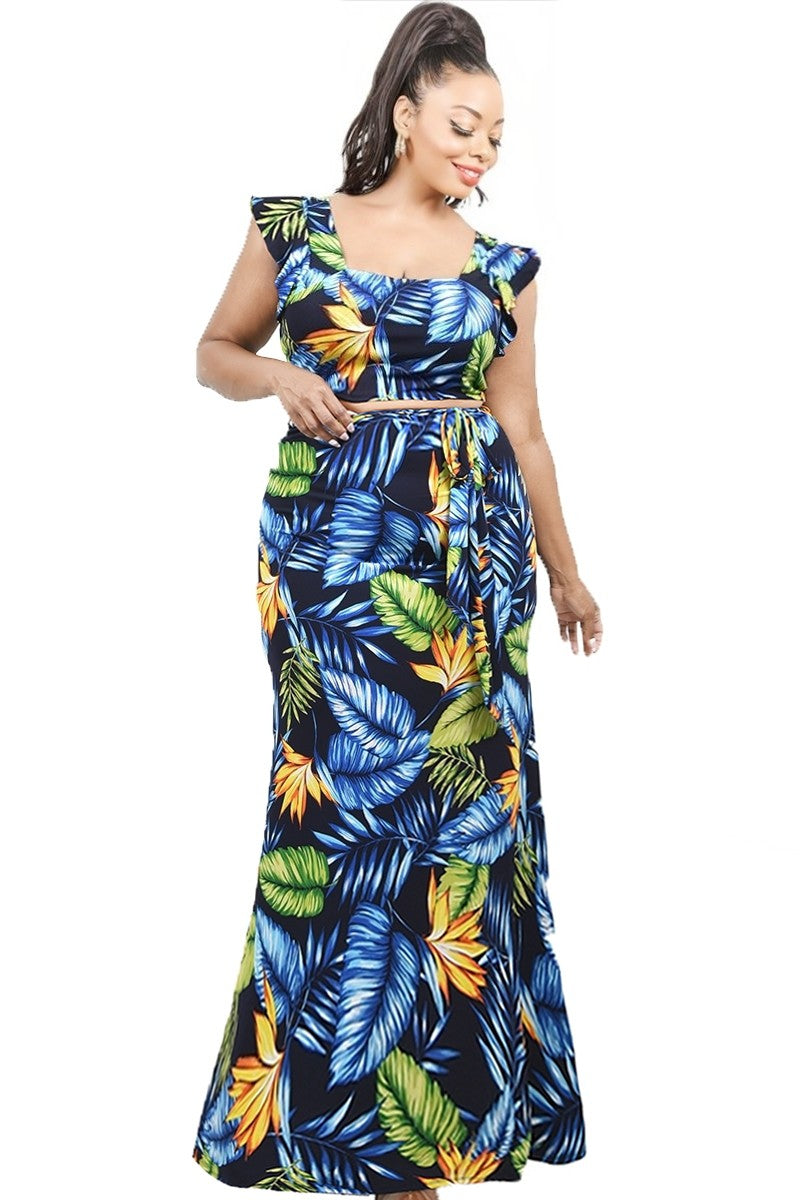 PLUS SIZE BLUE FLORAL 2 PIECE MAXI SKIRT SET