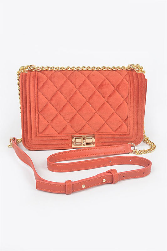 Quilted Velvet Flap Bag-RUST