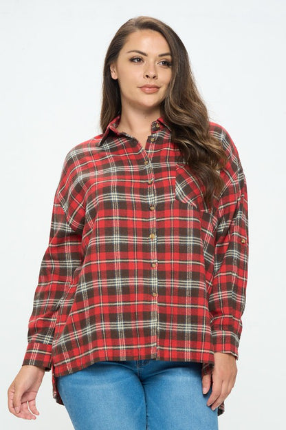 PLUS SIZE PLAID BUTTON UP SHIRT- RED MIX