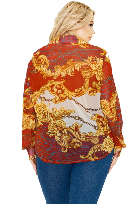 MESH ROYAL PRINTED LONG SLEEVE BUTTON UP TOP-27