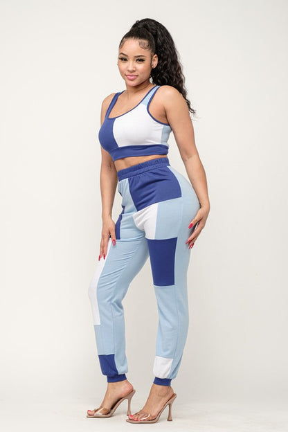 Color Block Tank Crop Top And Jogger Pants Set