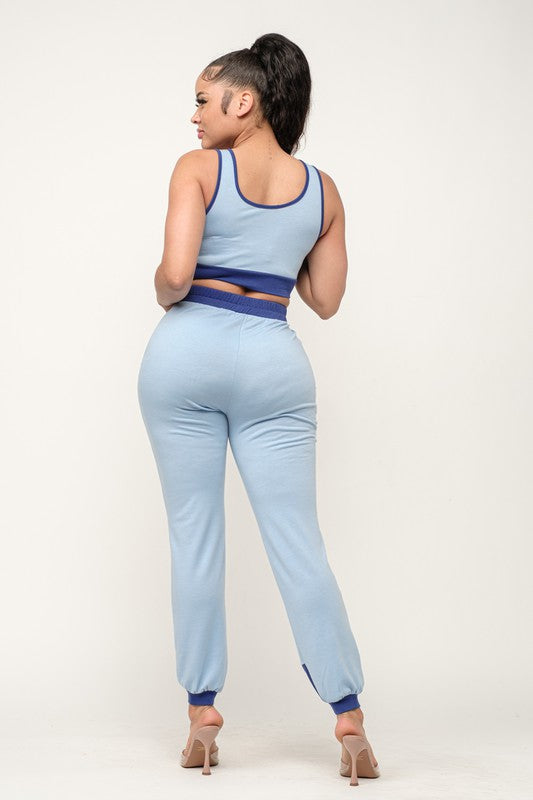 Color Block Tank Crop Top And Jogger Pants Set
