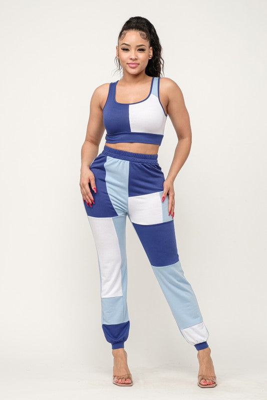 Color Block Tank Crop Top And Jogger Pants Set