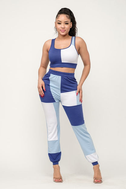 Color Block Tank Crop Top And Jogger Pants Set