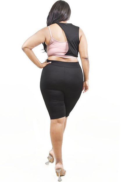 BLACK/MAUVE COLOR BLOCK 2 PIECE SHORT SET