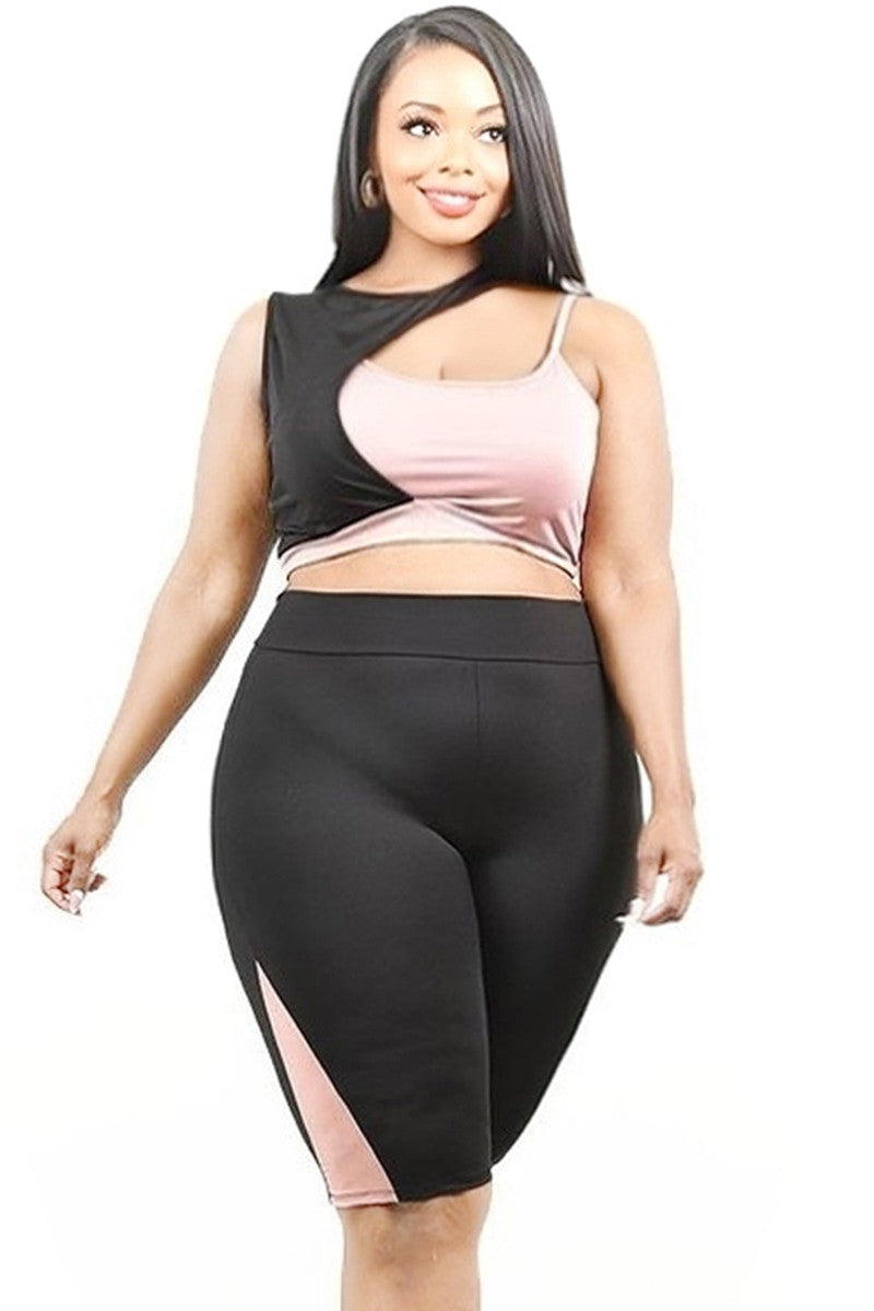 BLACK/MAUVE COLOR BLOCK 2 PIECE SHORT SET