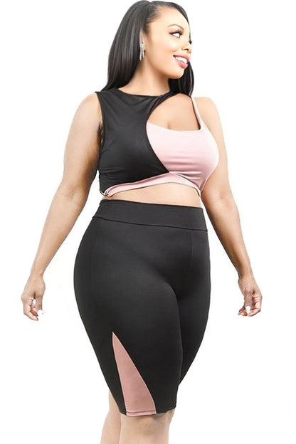 BLACK/MAUVE COLOR BLOCK 2 PIECE SHORT SET