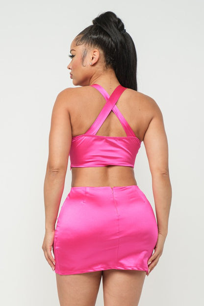 Open Front Cross Back Top And Side Slit Skirt Set-FUSHCIA