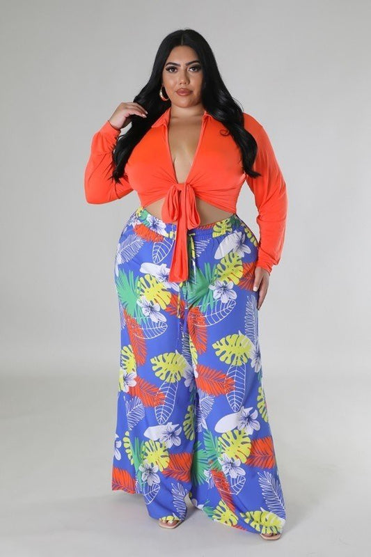 PLUS SIZE FLORAL PRINTED WIDE LEG PANTS-BLUE MIX