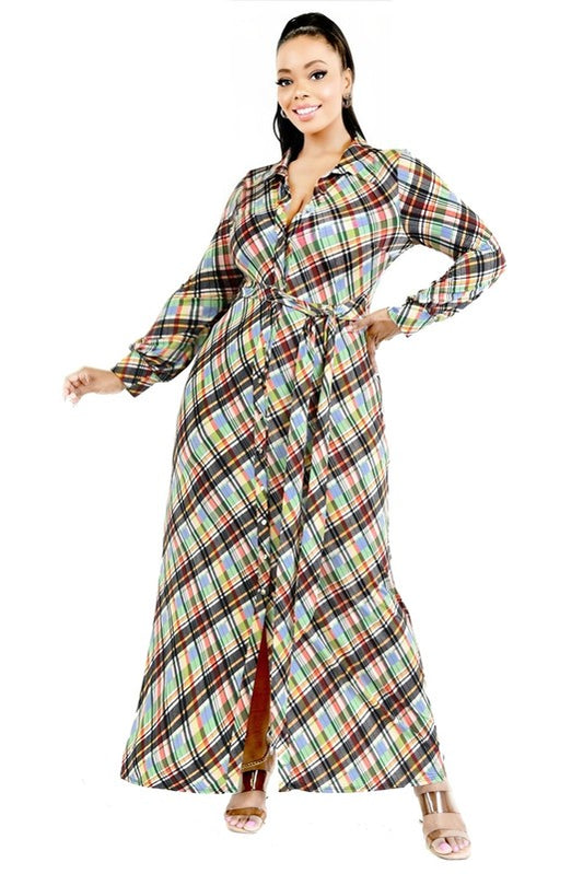 Plus Plaid Bishop Sleeve Button Down Maxi Dress