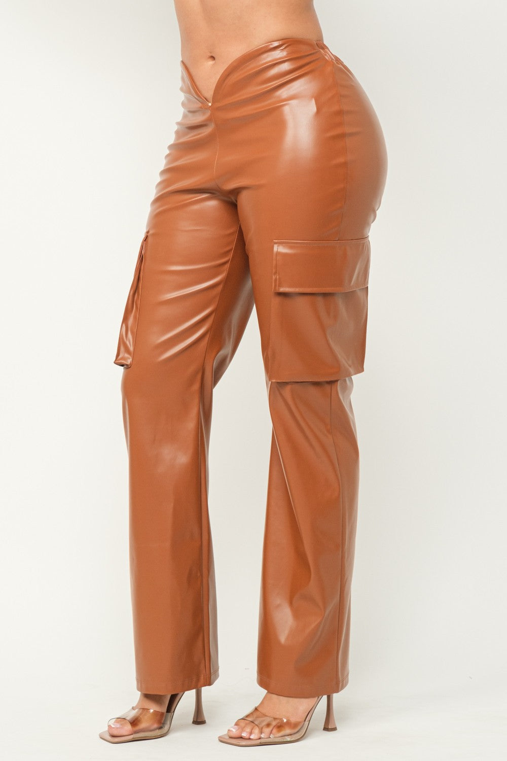 Faux Leather Front V-Cut Side Flap Pocket Cargo Pants