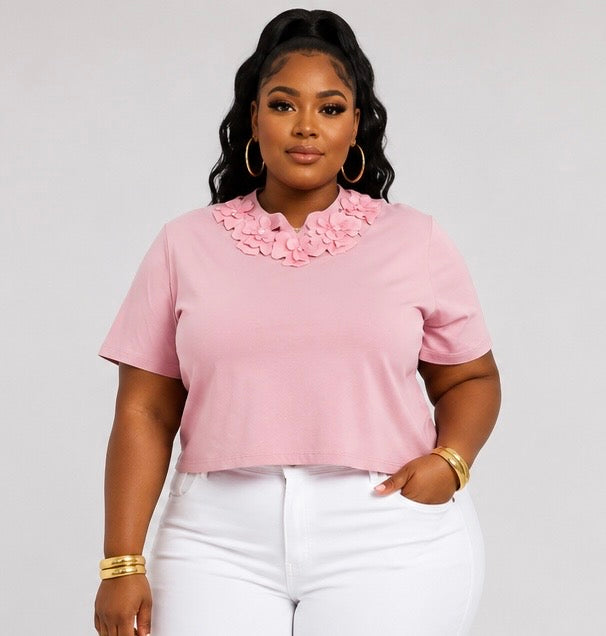 PLUS SIZE SHORT SLEEVE FLOWER NECK DETAILED BLOUSE-PINK-53