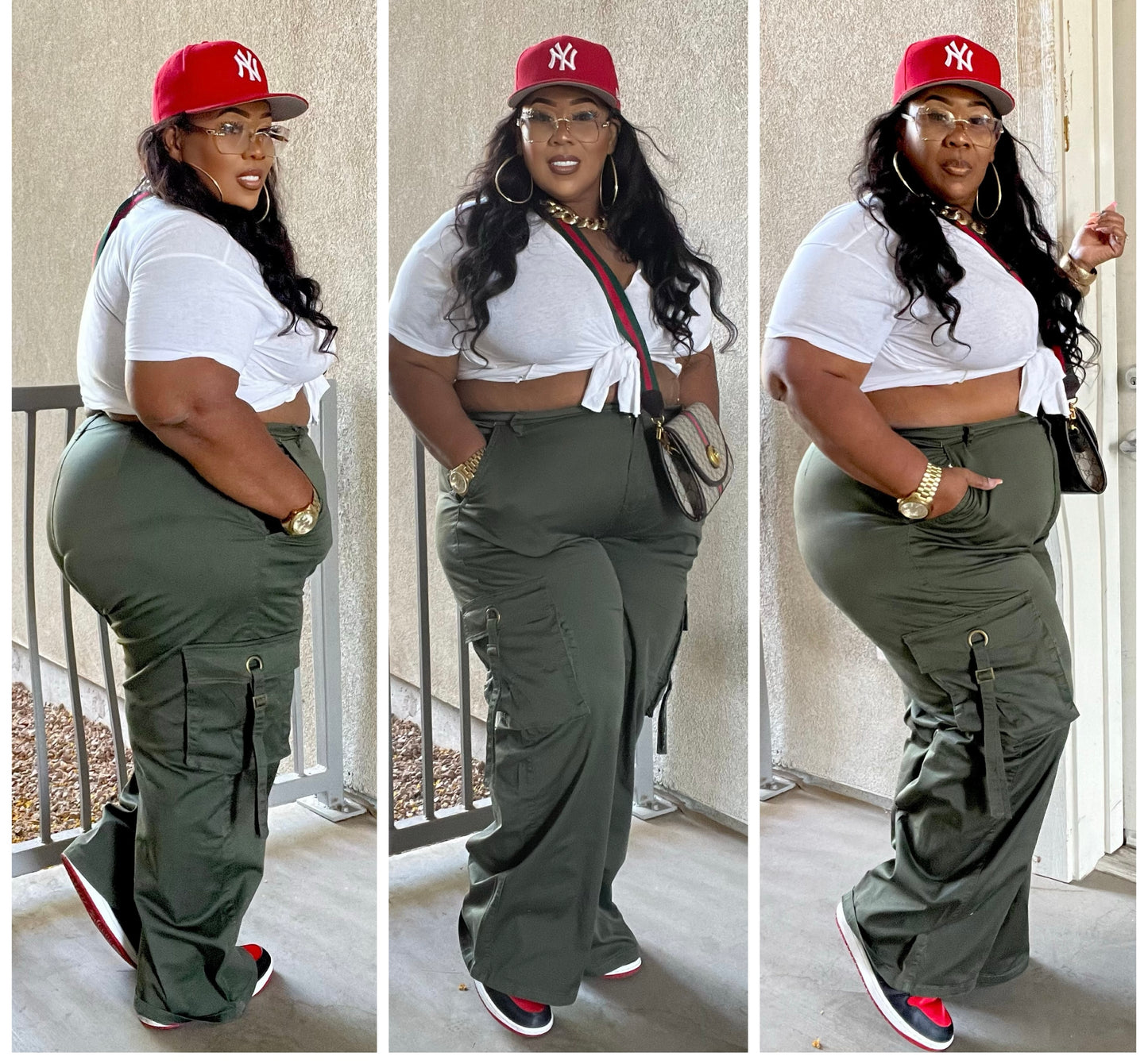 PLUS SIZE WIDE LEG STRAP TRIM CARGO PANTS