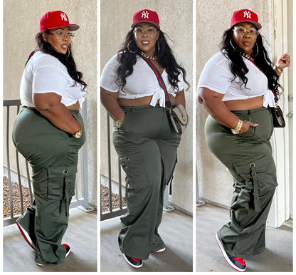 PLUS SIZE WIDE LEG STRAP TRIM CARGO PANTS