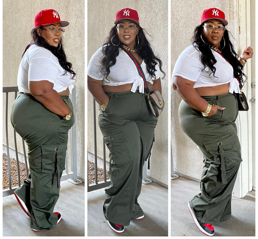PLUS SIZE WIDE LEG STRAP TRIM CARGO PANTS