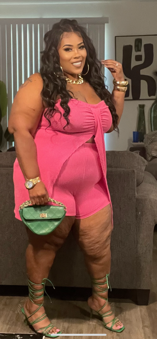 PLUS SIZE RIBBED HALTER TOP & 2-PIECE SHORT SET-HOT PINK
