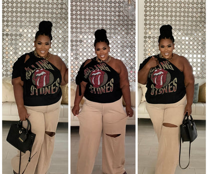 PLUS SIZE WIDE LEG SLICED KNEE -POCKET PANTS-KHAKI