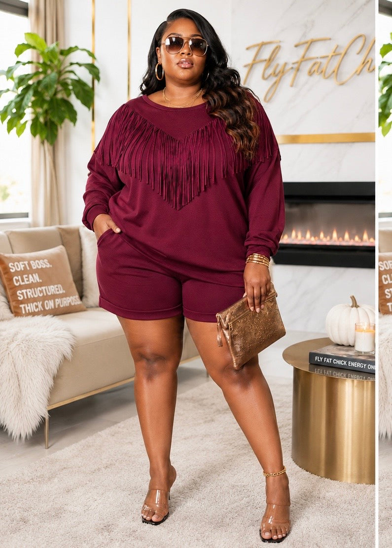 Fringe Sweater Shorts Plus Size Set-09