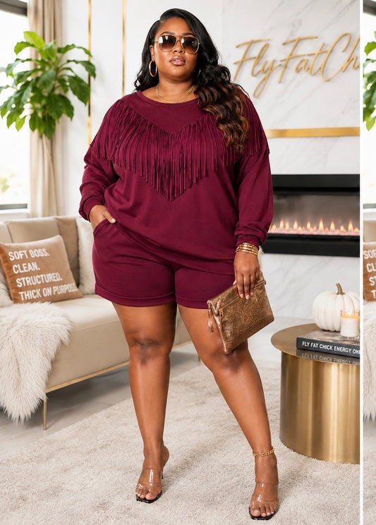 Fringe Sweater Shorts Plus Size Set-09