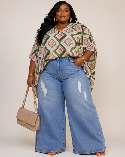 PLUS SIZE SHORT SLEEVE V-NECK MULTI PRINT TUNIC BLOUSE-OLIVE MIX-55