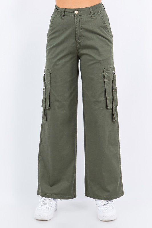 PLUS SIZE WIDE LEG STRAP TRIM CARGO PANTS