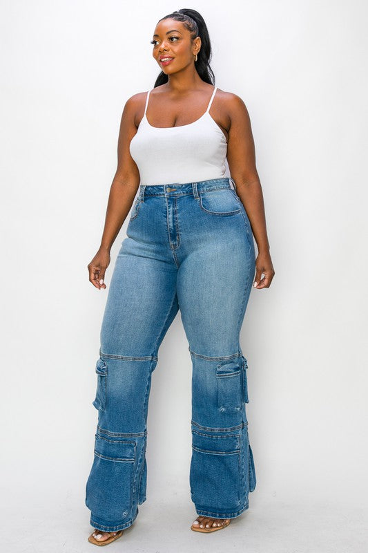 PLUS SIZE ASHY DENIM CARGO STRAIGHT LEG JEANS-29