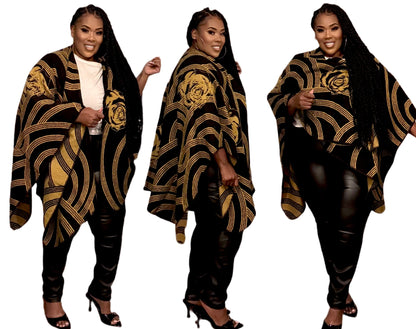 PLUS SIZE GEOMETRIC PRINT OPEN FRONT KIMONO-BLACK/GOLD
