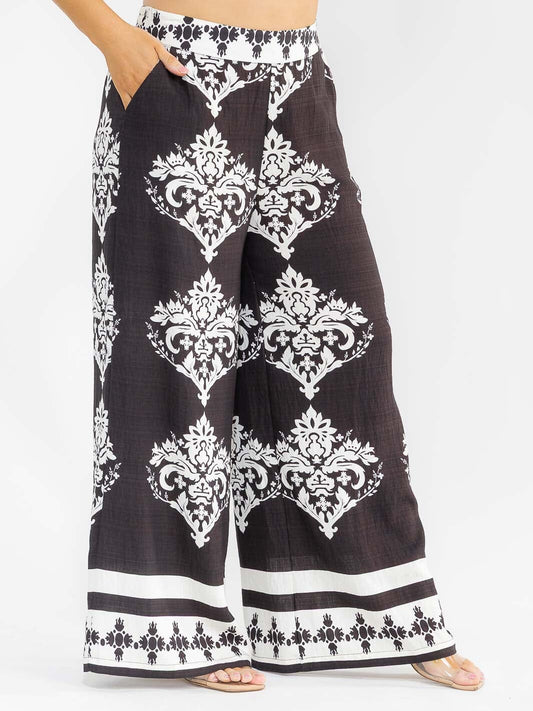 PLUS SIZE ELASTIC WAIST 2/POCKETS WIDE LEG PALAZZO PANTS-BLACK/WHITE