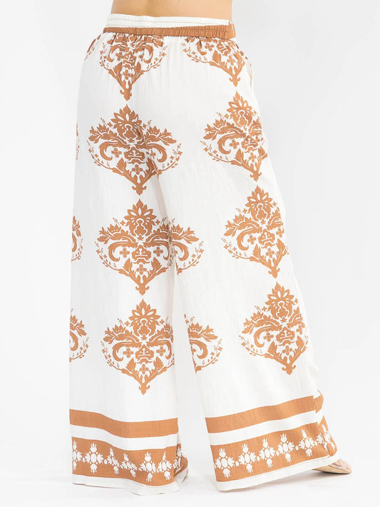 PLUS SIZE ELASTIC WAIST 2/POCKETS WIDE LEG PALAZZO PANTS-CAMEL/BEIGE