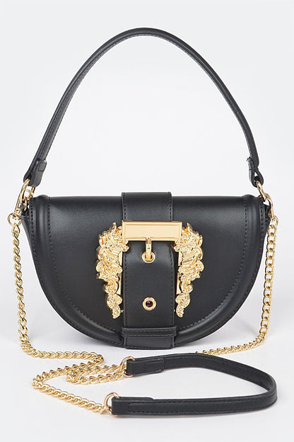 Faux Leather Shoulder Bag W/big Metal Buckle-BLACK
