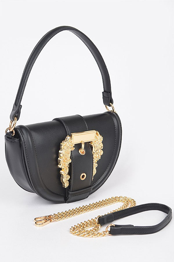 Faux Leather Shoulder Bag W/big Metal Buckle-BLACK