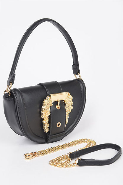 Faux Leather Shoulder Bag W/big Metal Buckle-BLACK