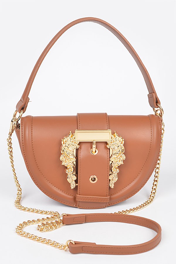 Faux Leather Shoulder Bag W/big Metal Buckle-CAMEL