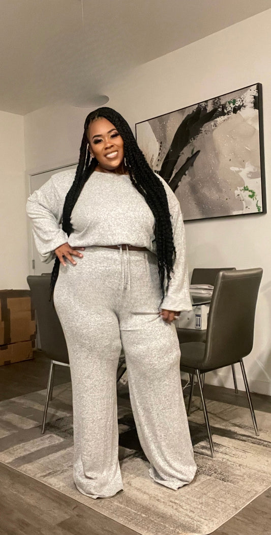 PLUS SIZE 2-PIECE HACI WIDE LEG PANT SET-GREY