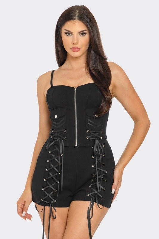 Front Zipper Lace Up Tie Top And Shorts Set