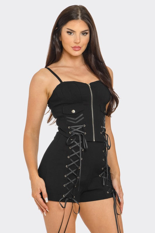 Front Zipper Lace Up Tie Top And Shorts Set