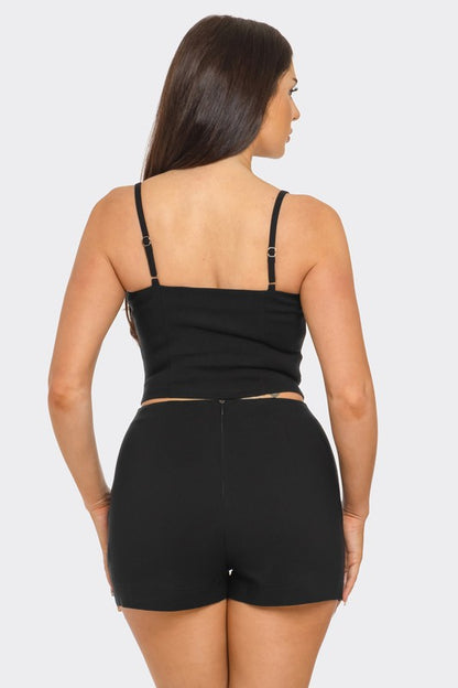 Front Zipper Lace Up Tie Top And Shorts Set