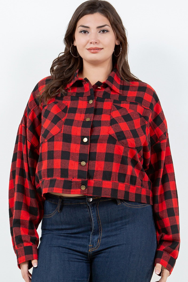 PLUS SIZE Cropped Plaid Jacket-59
