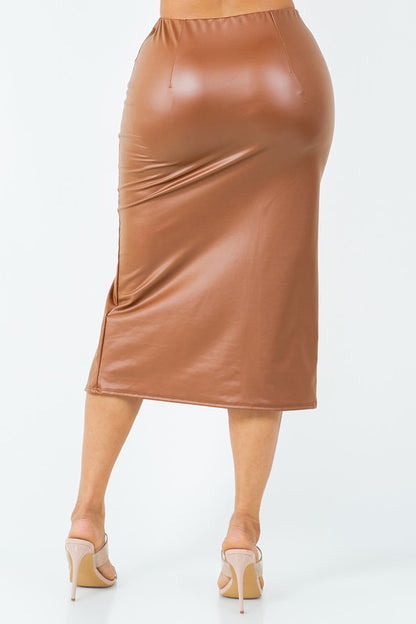 PLUS SIZE Faux Leather Pencil Skirt Slit High Waist-CAMEL