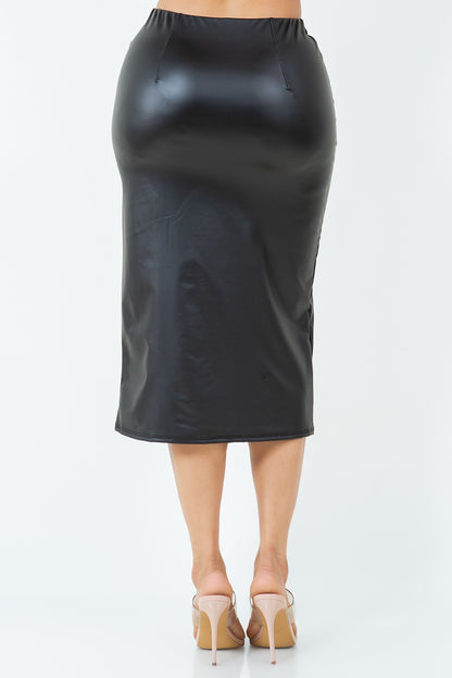 PLUS SIZE Faux Leather Pencil Skirt Slit High Waist-BLACK