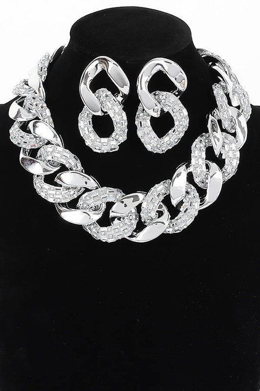 CCB Chain Rhinestone Necklace Set-SILVER – flyfatchick