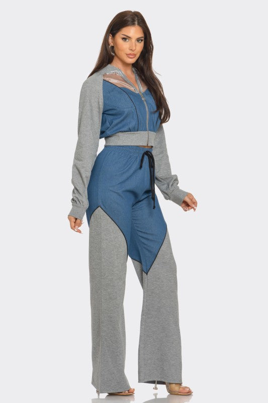 Plus Denim Organzatrim Piping Jacket Pants Set
