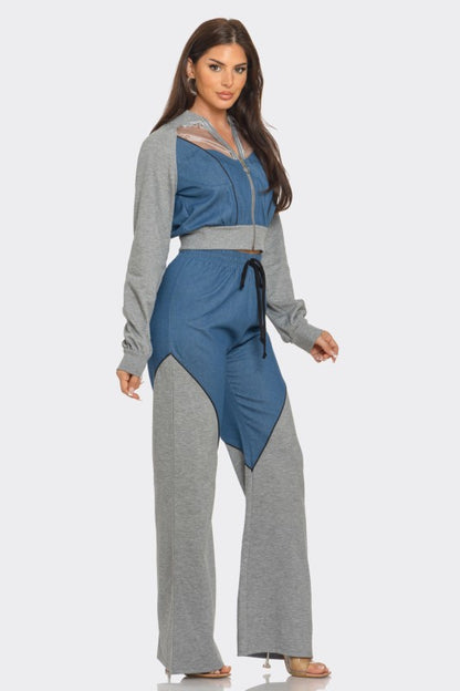 Plus Denim Organzatrim Piping Jacket Pants Set