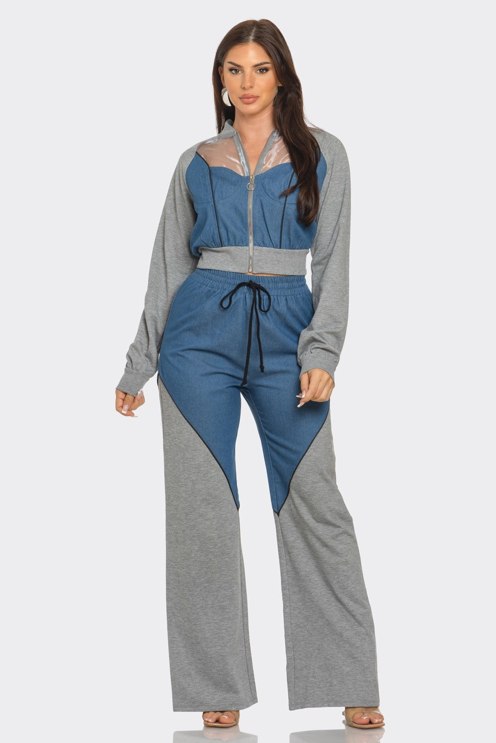 Plus Denim Organzatrim Piping Jacket Pants Set