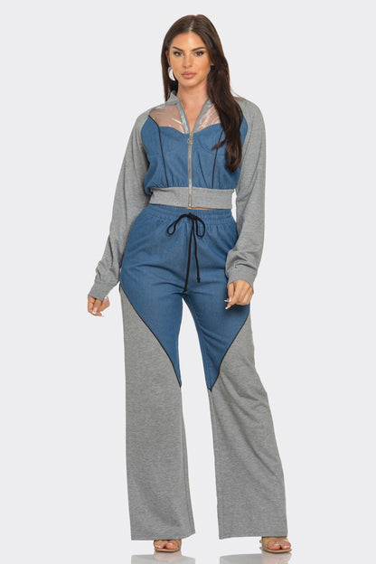 Plus Denim Organzatrim Piping Jacket Pants Set